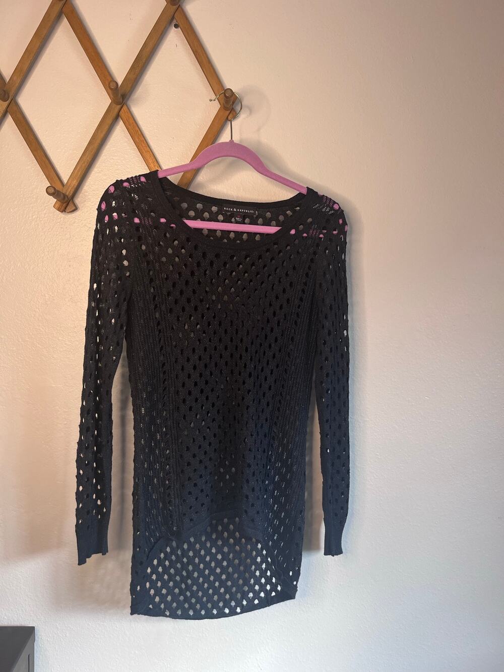 ROCK & REPUBLIC Black Open Knit Mesh Long Sleeve Sweater Tunic Women Size S
